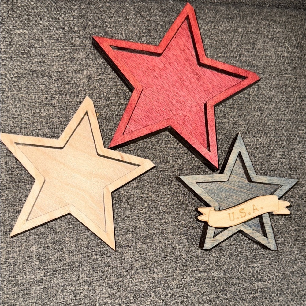Set of Three  hand made Wooden Star Decorations T2